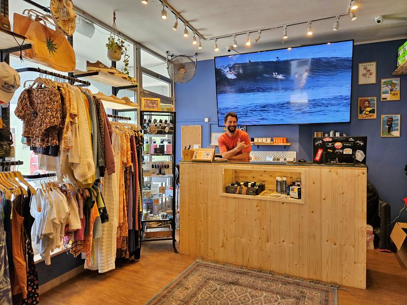 Counter and staff member at Jah shaka Surf shop